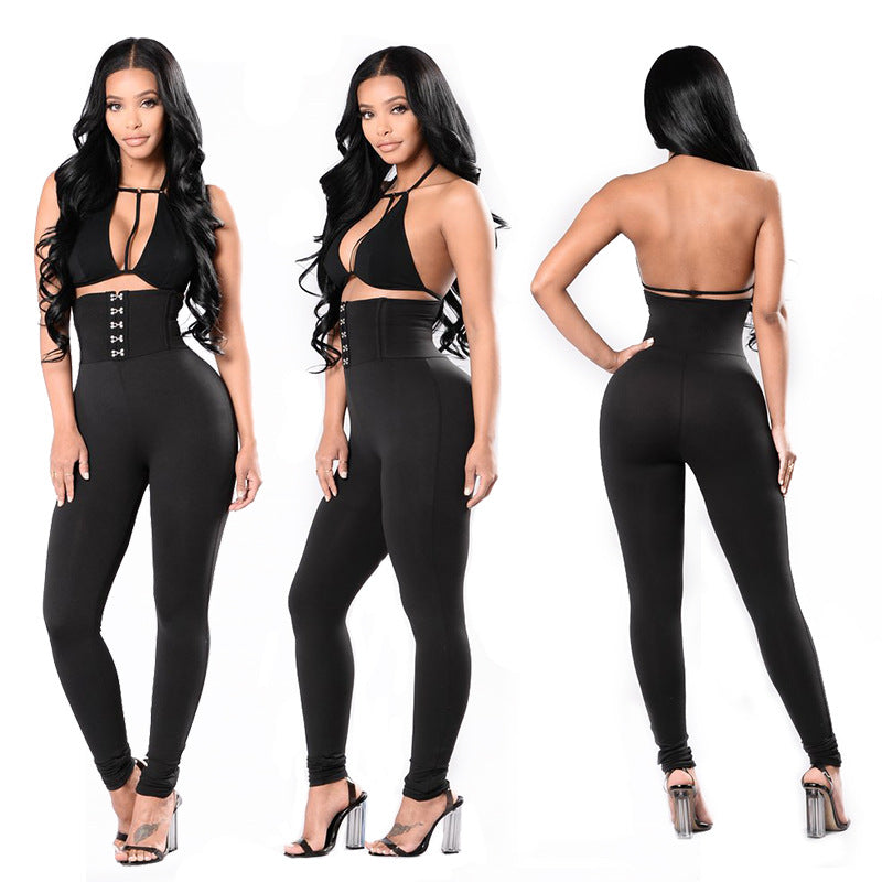Damen Hochtaillierte Leggings mit dekorativem Knopfdesign Stalluxe