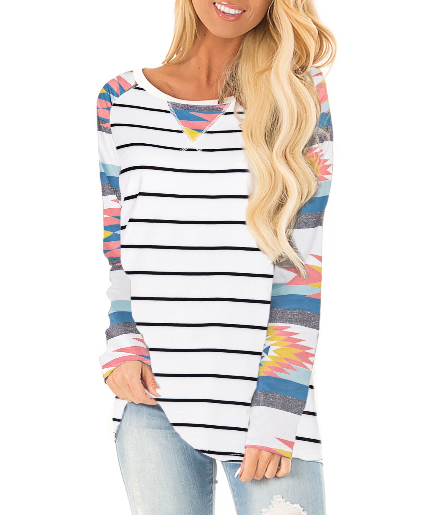 Damen Lässiges Langarmshirt mit farbenfrohen Mustern und Streifenmuster Stalluxe