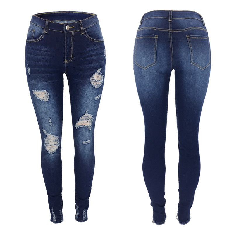 Damen Skinny Jeans im modernen Destroyed-Look mit trendigen Riss-Details Stalluxe Dunkelblau