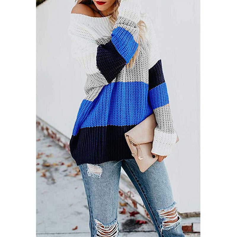 Damen Freizeit-Strickpullover mit modernem Blockstreifenmuster und Rundhalsausschnitt Stalluxe