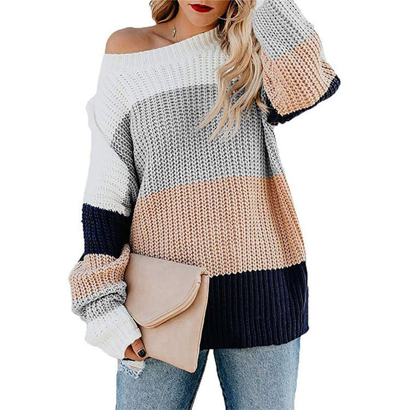 Damen Freizeit-Strickpullover mit modernem Blockstreifenmuster und Rundhalsausschnitt Stalluxe