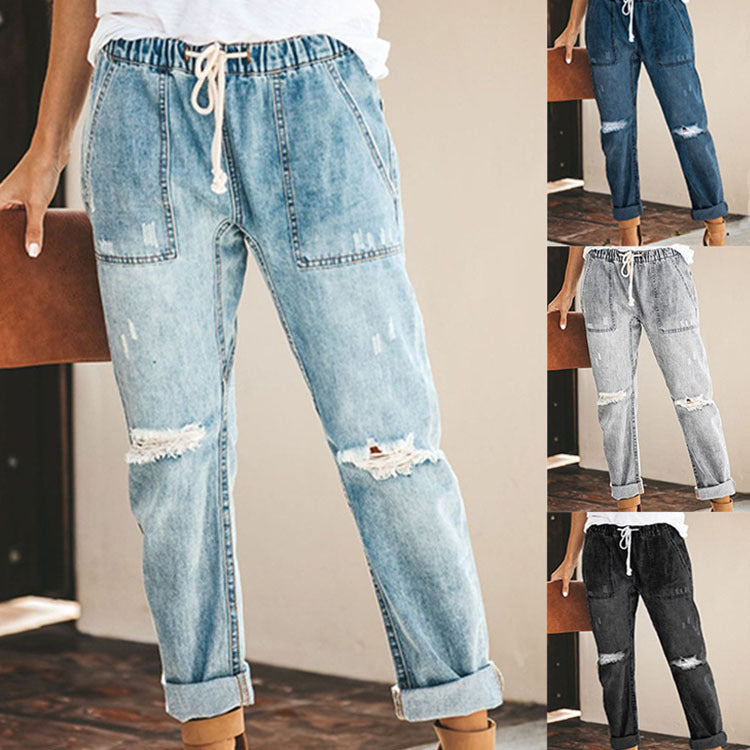 Damen entspannte Jeans mit verstellbarem Bund und modischen Rissen Stalluxe