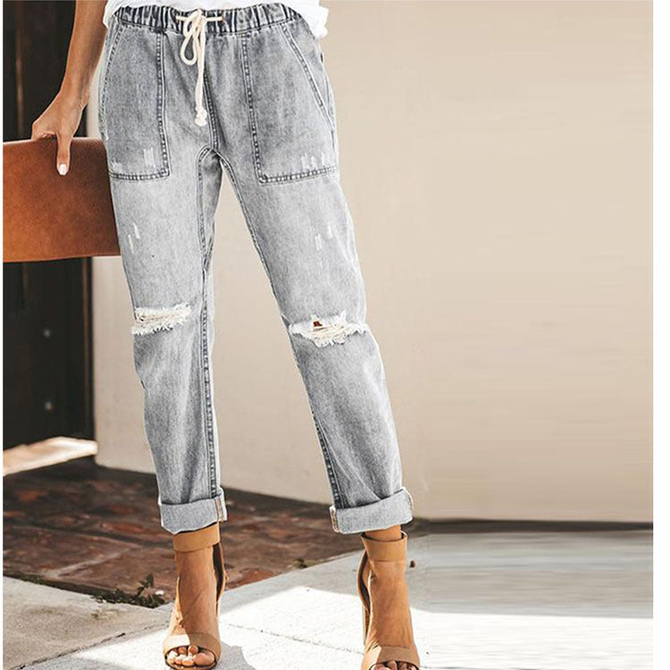 Damen entspannte Jeans mit verstellbarem Bund und modischen Rissen Stalluxe