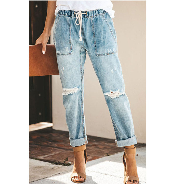 Damen entspannte Jeans mit verstellbarem Bund und modischen Rissen Stalluxe