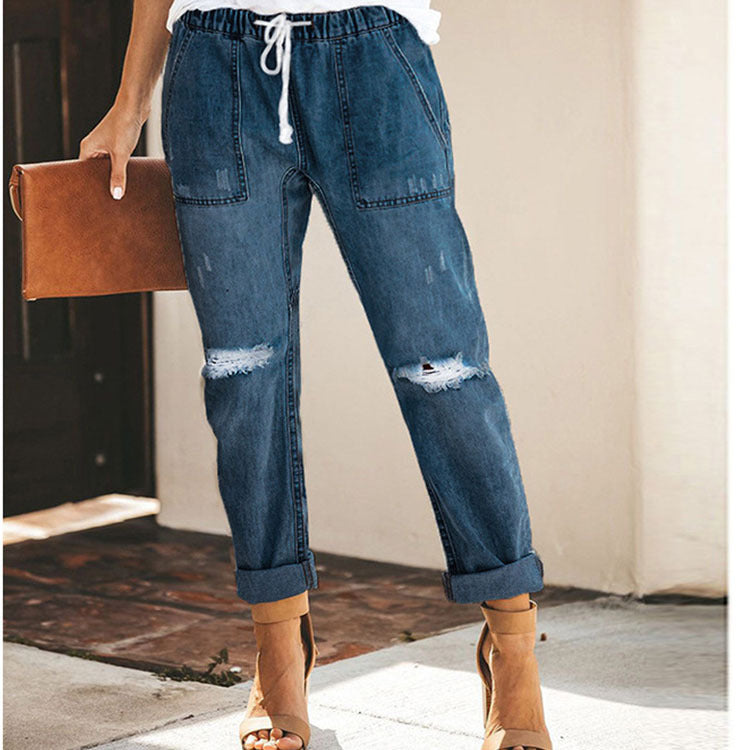 Damen entspannte Jeans mit verstellbarem Bund und modischen Rissen Stalluxe