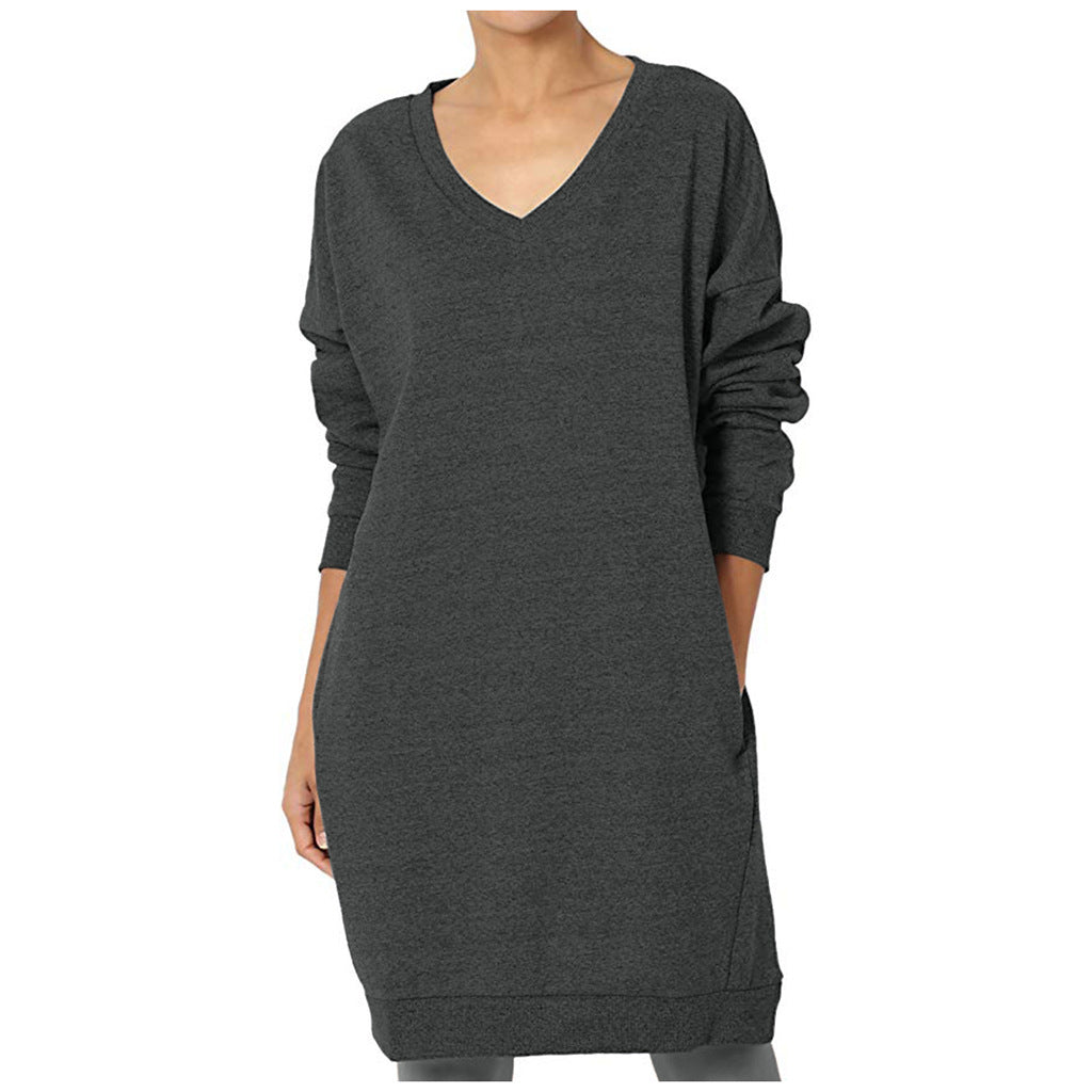 Damen Sweatkleid mit tiefem V-Ausschnitt und praktischen Taschen Stalluxe