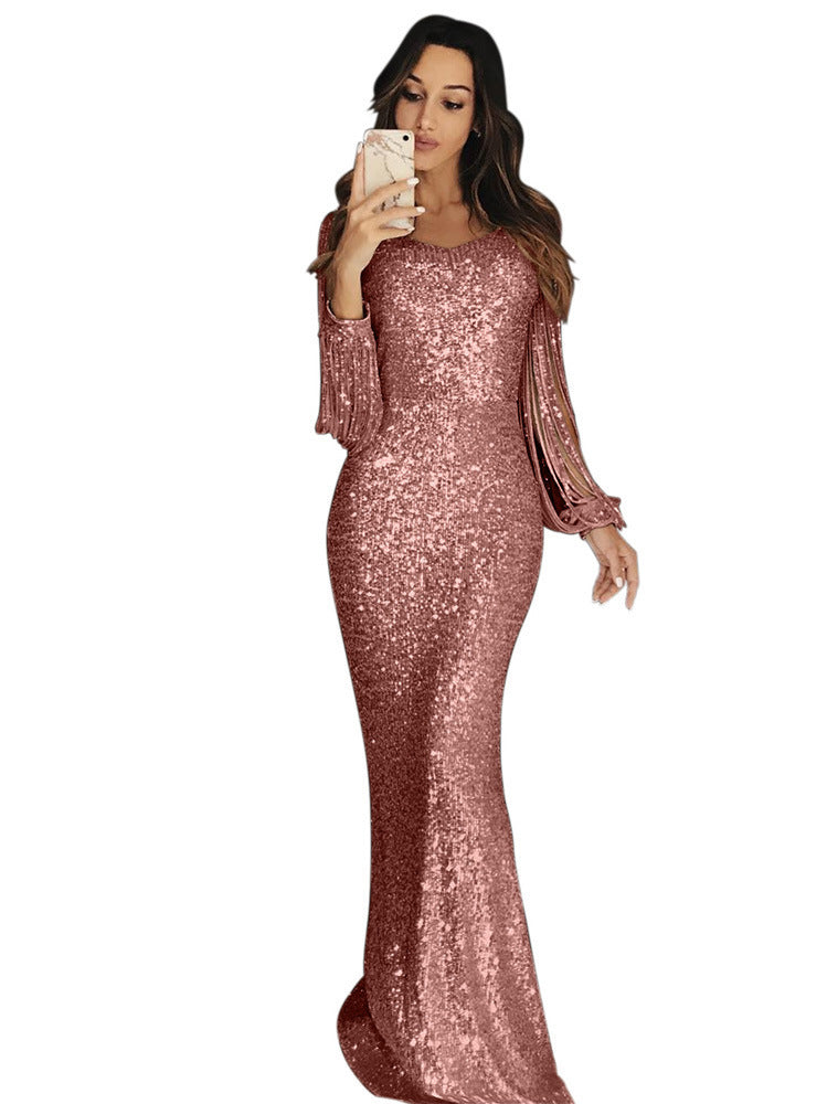 Damen elegantes Pailletten Abendkleid mit schmeichelndem Schnitt und langen Ärmeln Stalluxe