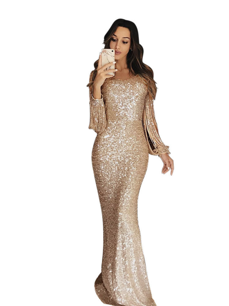 Damen elegantes Pailletten Abendkleid mit schmeichelndem Schnitt und langen Ärmeln Stalluxe