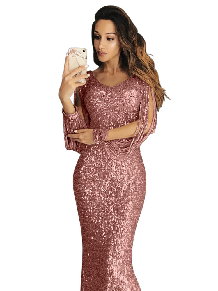 Damen elegantes Pailletten Abendkleid mit schmeichelndem Schnitt und langen Ärmeln Stalluxe