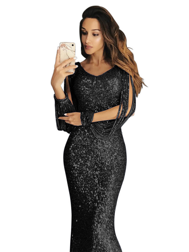 Damen elegantes Pailletten Abendkleid mit schmeichelndem Schnitt und langen Ärmeln Stalluxe