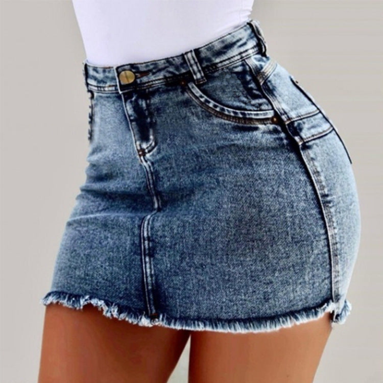 Damen figurbetonter Denim-Minirock mit asymmetrischem Saum und fransigen Kanten Stalluxe