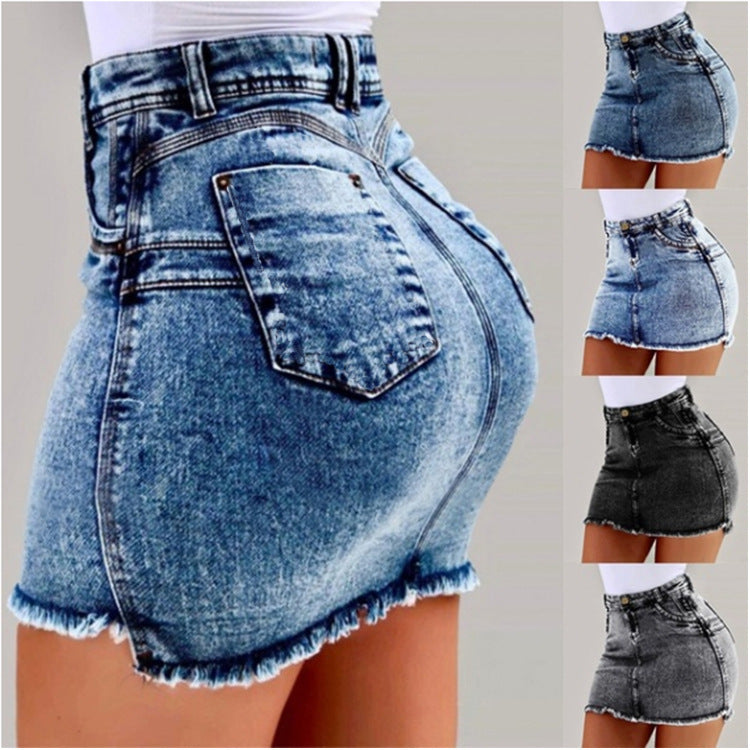Damen figurbetonter Denim-Minirock mit asymmetrischem Saum und fransigen Kanten Stalluxe