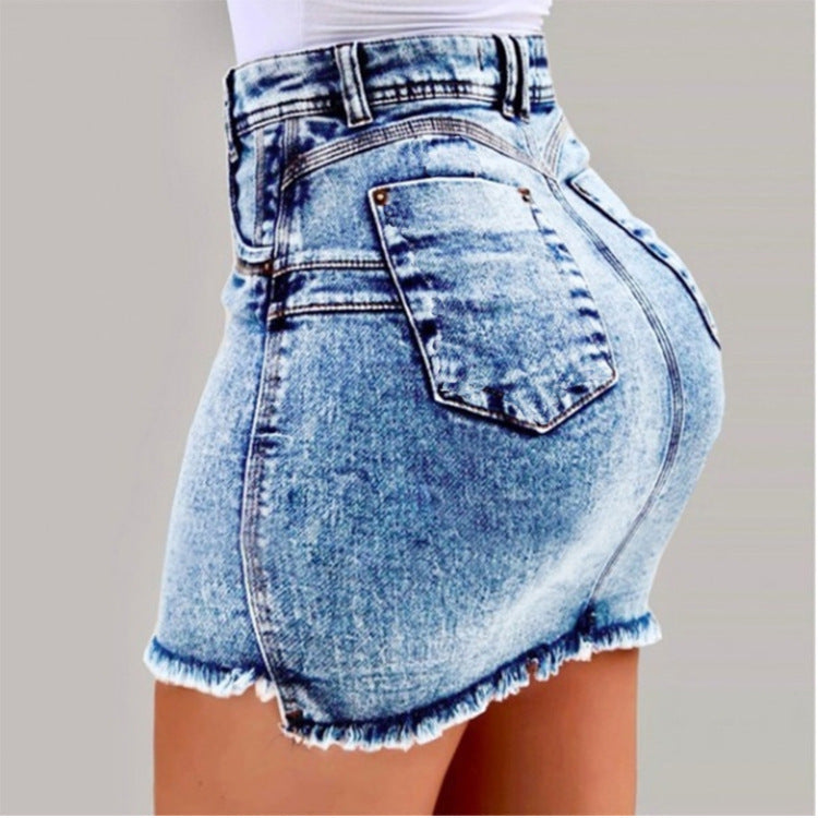 Damen figurbetonter Denim-Minirock mit asymmetrischem Saum und fransigen Kanten Stalluxe
