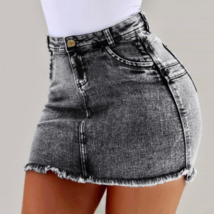 Damen figurbetonter Denim-Minirock mit asymmetrischem Saum und fransigen Kanten Stalluxe