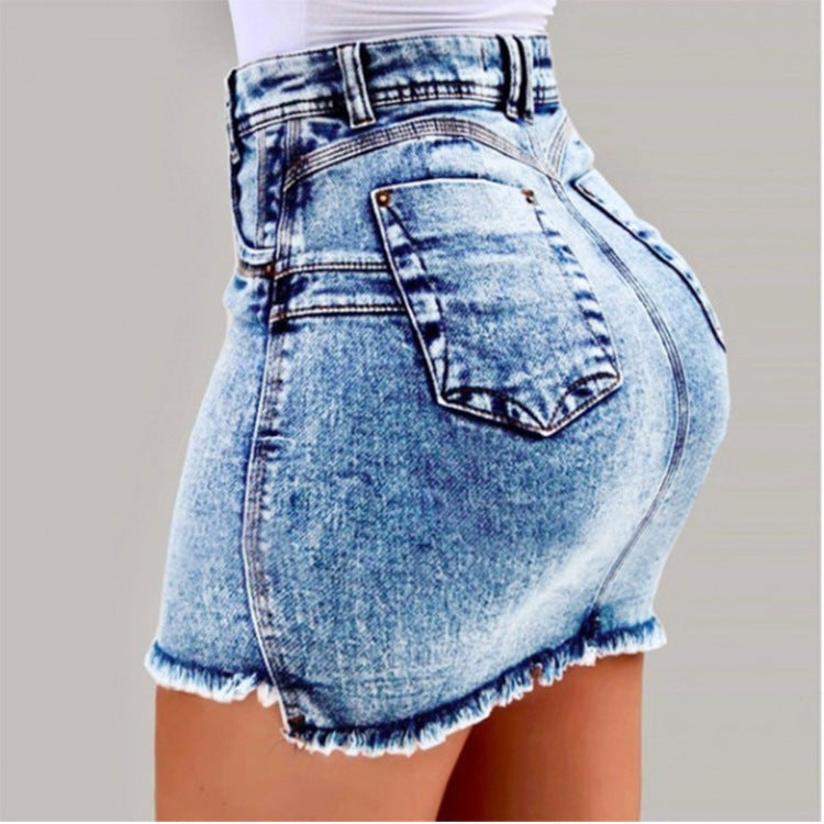 Damen figurbetonter Denim-Minirock mit asymmetrischem Saum und fransigen Kanten Stalluxe