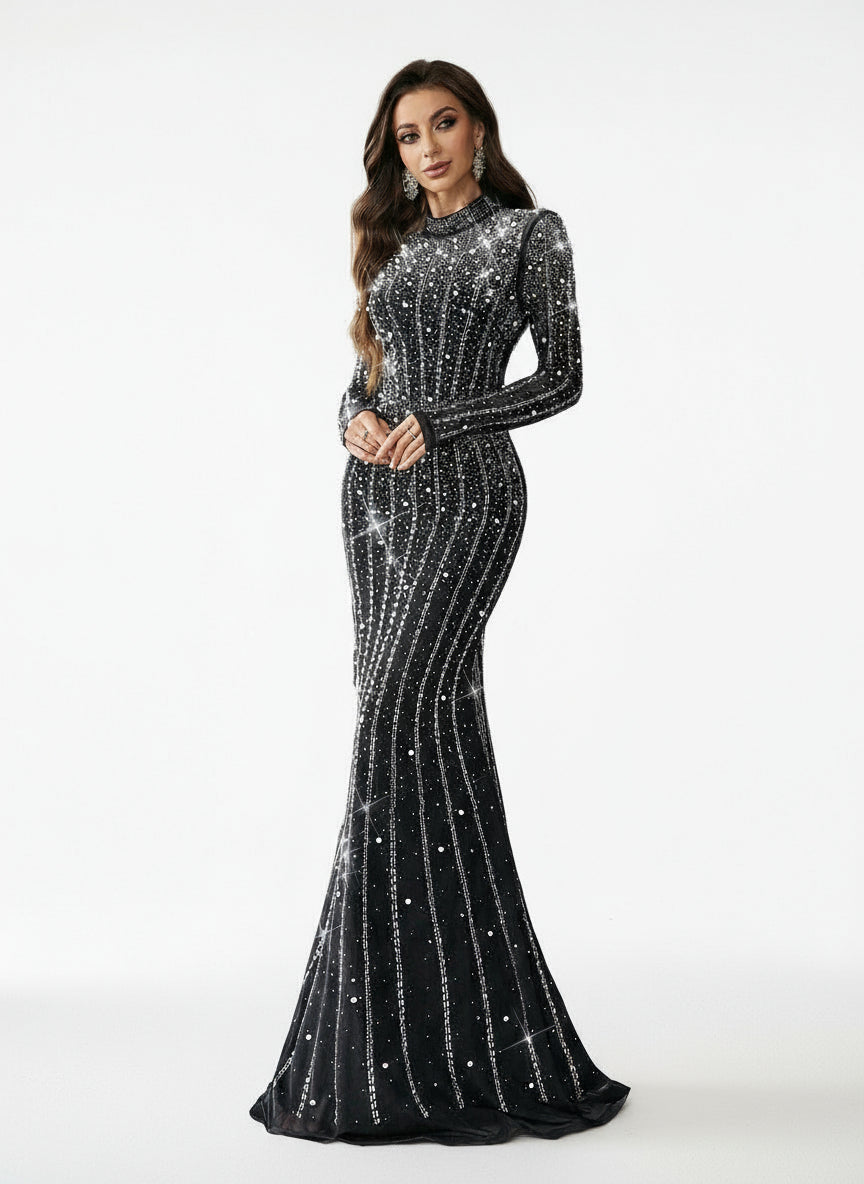 Stalluxe | Elegantes Glitzer Strass Langarm Festkleid