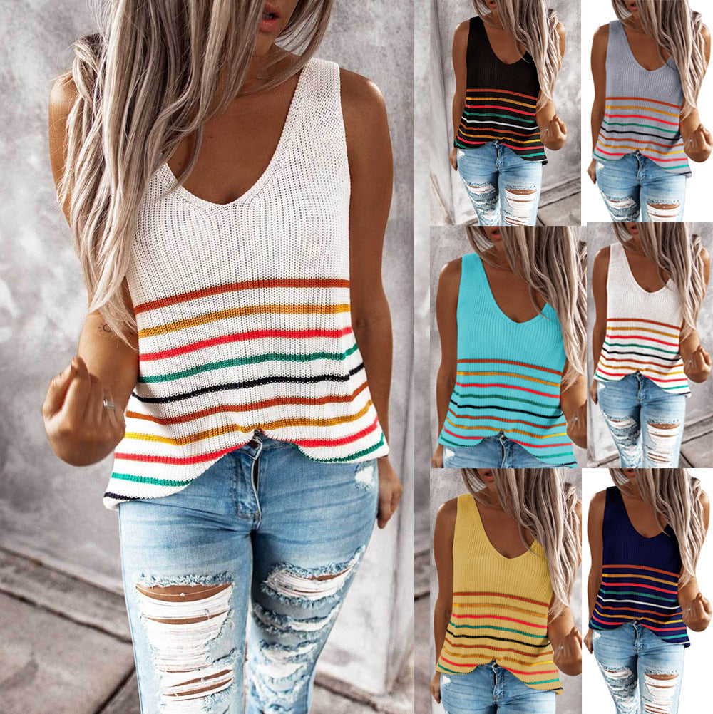 Damen Freizeit Top mit buntem Streifenmuster und tiefem V-Ausschnitt Stalluxe