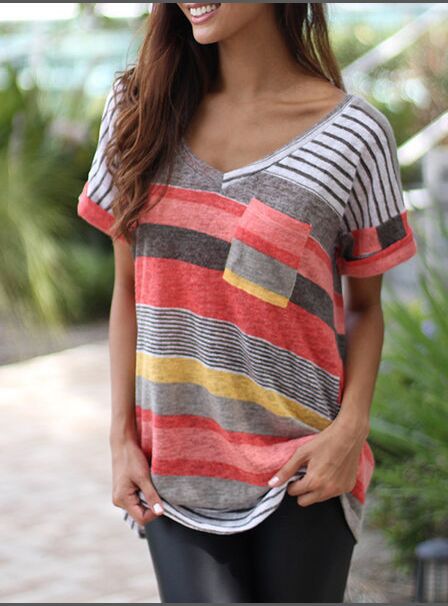 Damen Freizeit T-Shirt mit V-Ausschnitt und Brusttasche Stalluxe