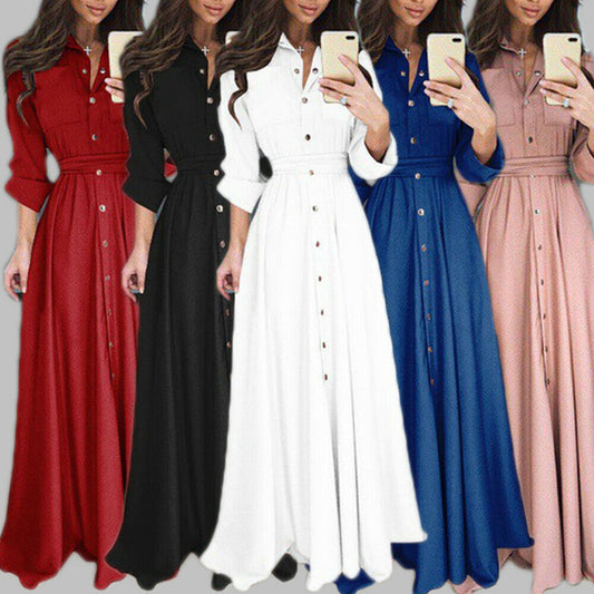 Damen Maxikleid im Denim-Look mit Taillengürtel und Knopfleiste Stalluxe