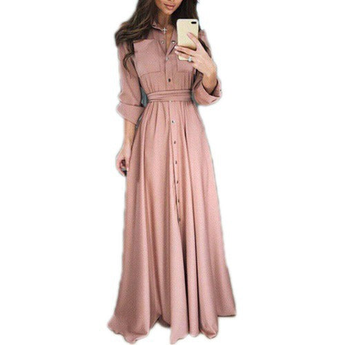 Damen Maxikleid im Denim-Look mit Taillengürtel und Knopfleiste Stalluxe