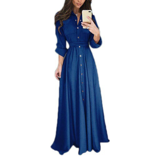 Damen Maxikleid im Denim-Look mit Taillengürtel und Knopfleiste Stalluxe