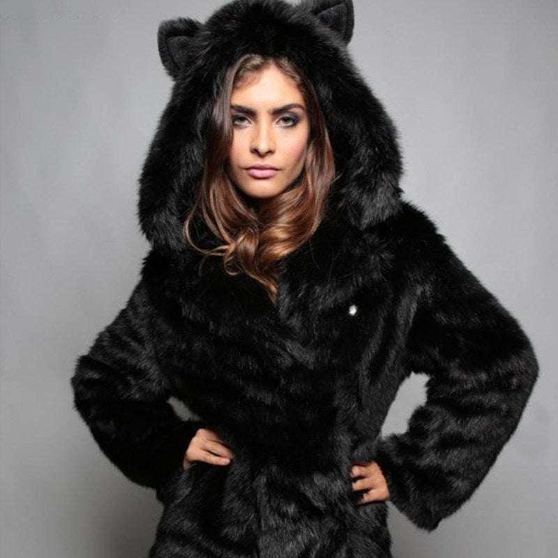 Damen Kuschelige Felljacke mit tierischen Ohren Stalluxe