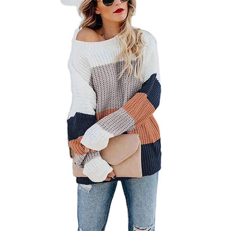Damen Freizeit-Strickpullover mit modernem Blockstreifenmuster und Rundhalsausschnitt Stalluxe