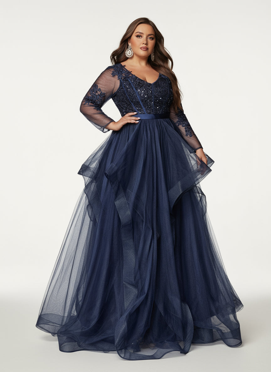 Stalluxe | Elegantes Marineblaues Pailletten-Applikations-Mesh-Abendkleid