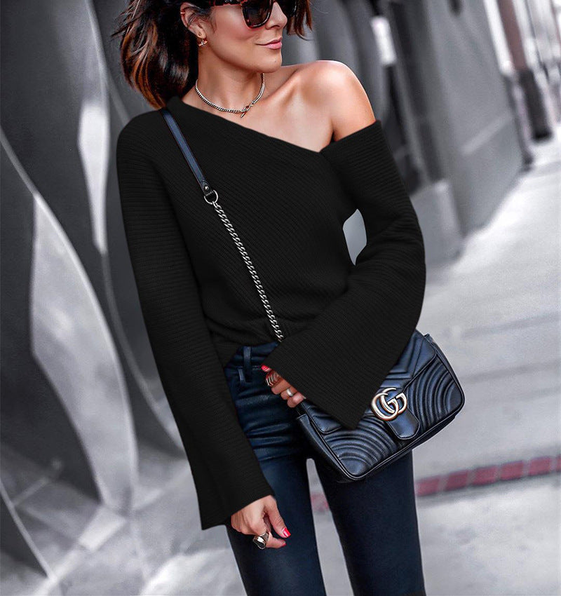 Damen asymmetrischer Grobstrickpullover mit lässigen Bellärmeln Stalluxe