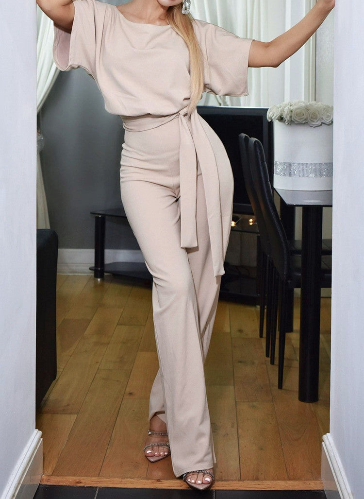 Damen Eleganter Jumpsuit mit breiten Beinen und Taillengürtel Stalluxe