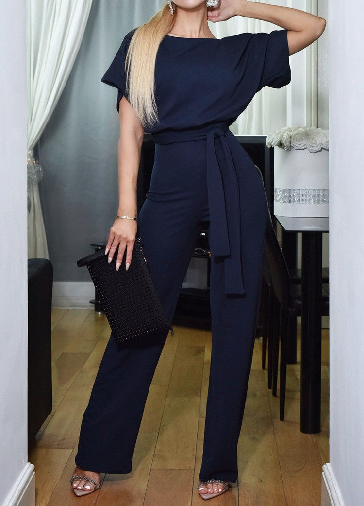 Damen Eleganter Jumpsuit mit breiten Beinen und Taillengürtel Stalluxe