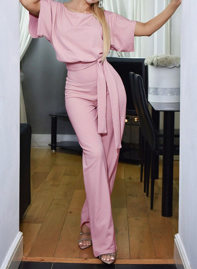 Damen Eleganter Jumpsuit mit breiten Beinen und Taillengürtel Stalluxe