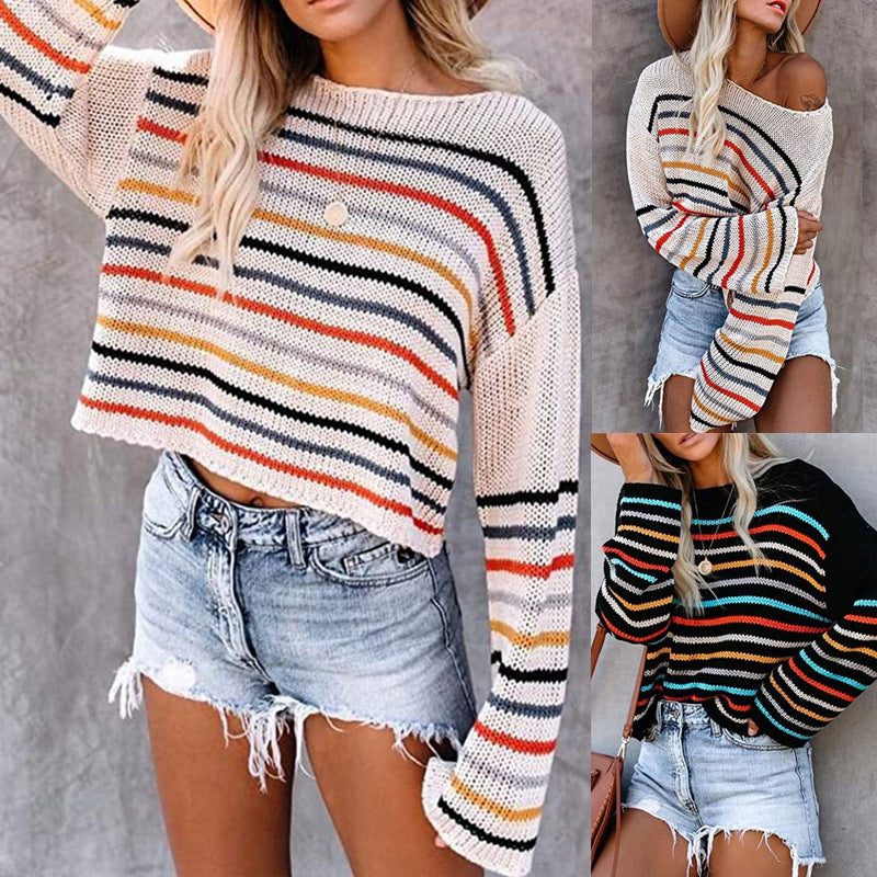 Damen Off-Shoulder Strickpullover mit buntem Streifenmuster Stalluxe