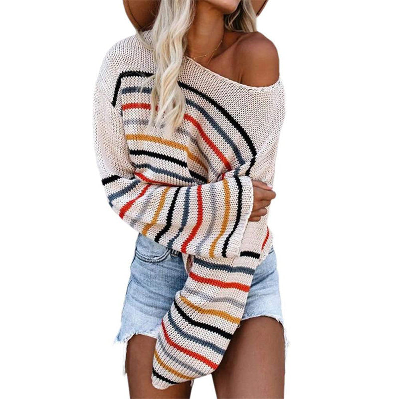Damen Off-Shoulder Strickpullover mit buntem Streifenmuster Stalluxe