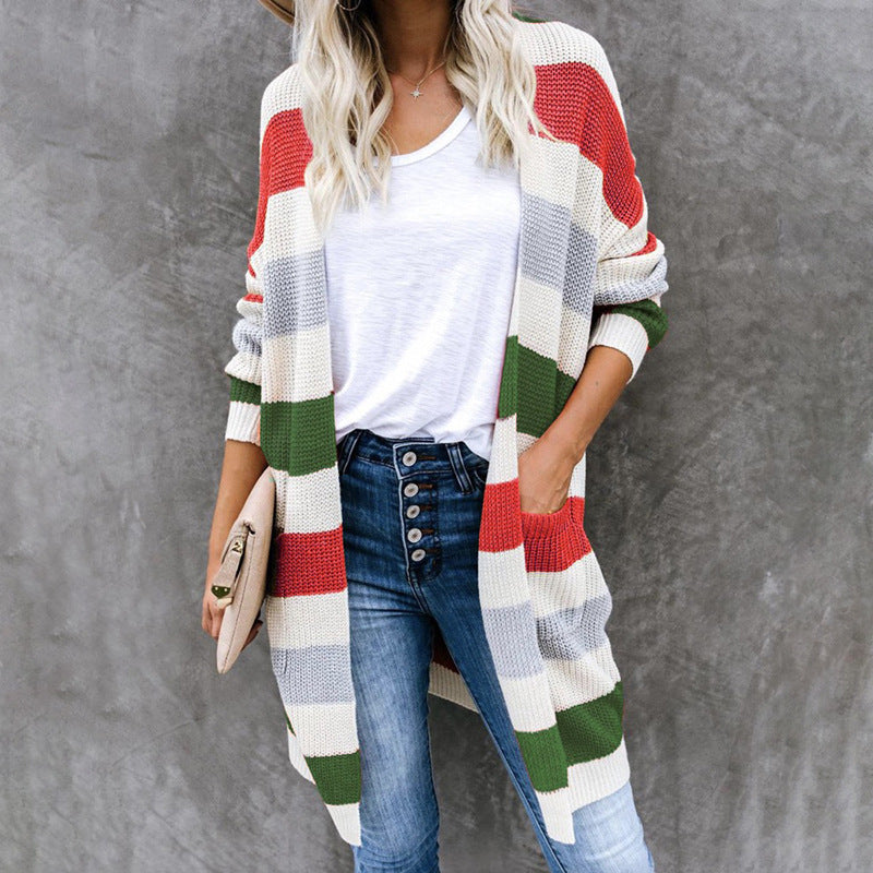 Damen Lässiger Strickmantel mit modernen Streifen und tiefen Taschen Stalluxe
