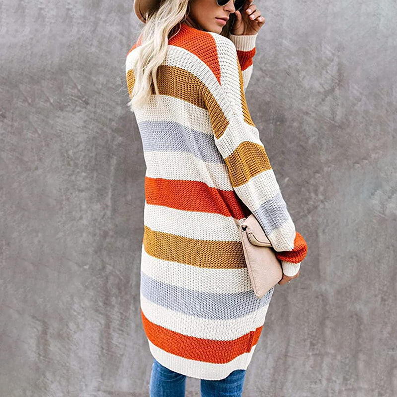 Damen Lässiger Strickmantel mit modernen Streifen und tiefen Taschen Stalluxe