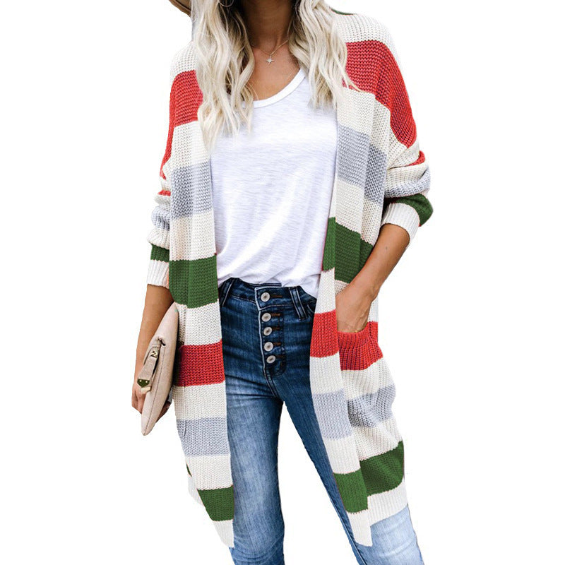 Damen Lässiger Strickmantel mit modernen Streifen und tiefen Taschen Stalluxe