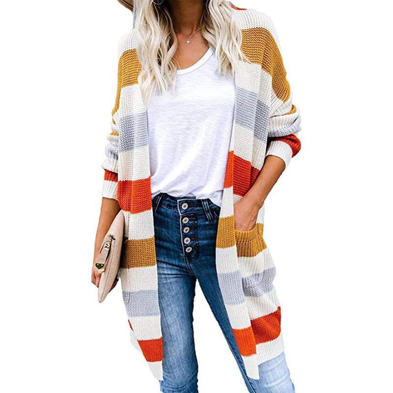 Damen Lässiger Strickmantel mit modernen Streifen und tiefen Taschen Stalluxe