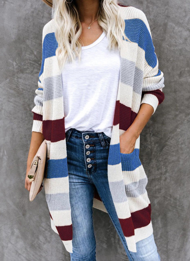 Damen Lässiger Strickmantel mit modernen Streifen und tiefen Taschen Stalluxe