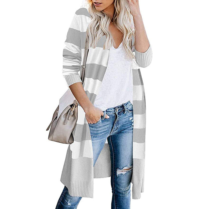 Damen Lange Strickjacke mit Streifen-Muster und offenen Front Stalluxe