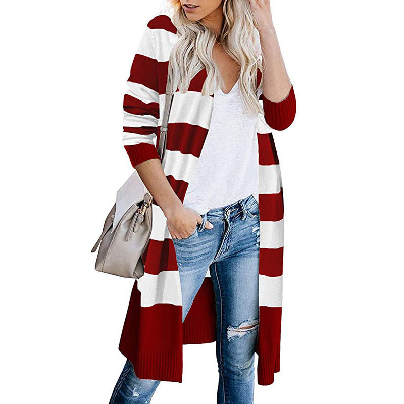 Damen Lange Strickjacke mit Streifen-Muster und offenen Front Stalluxe