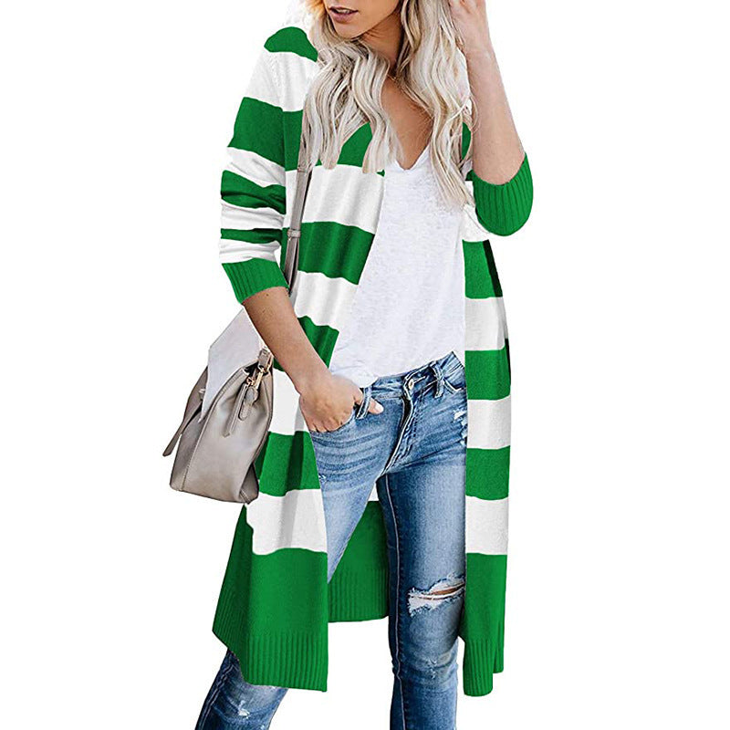 Damen Lange Strickjacke mit Streifen-Muster und offenen Front Stalluxe