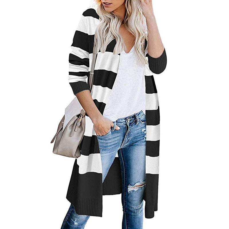 Damen Lange Strickjacke mit Streifen-Muster und offenen Front Stalluxe