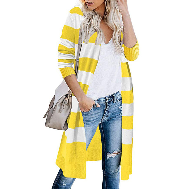 Damen Lange Strickjacke mit Streifen-Muster und offenen Front Stalluxe