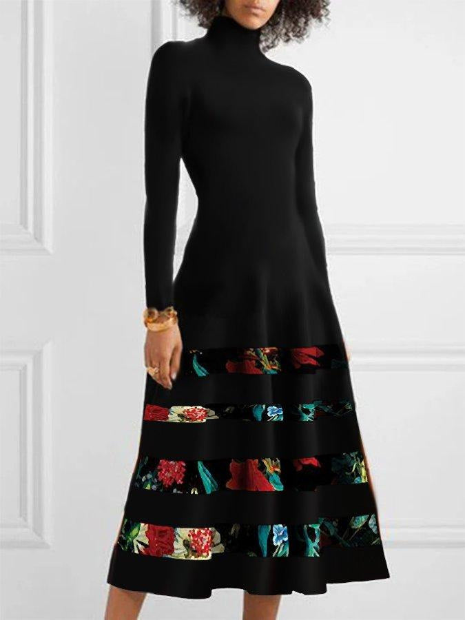 Damen Strickkleid mit hohem Kragen und floralem Saum Stalluxe