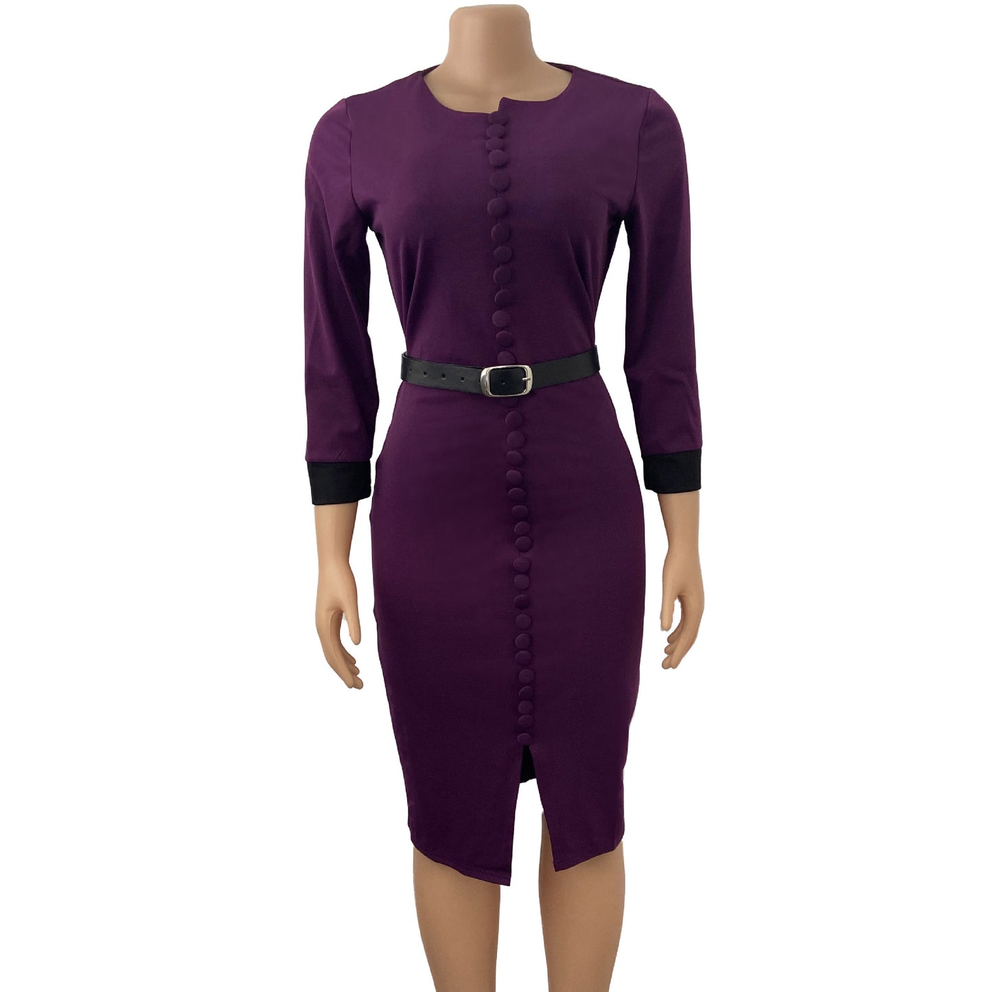 Damen Elegantes Bleistiftkleid mit Knopfdetails und tailliertem Gürtel Stalluxe Dunkellila