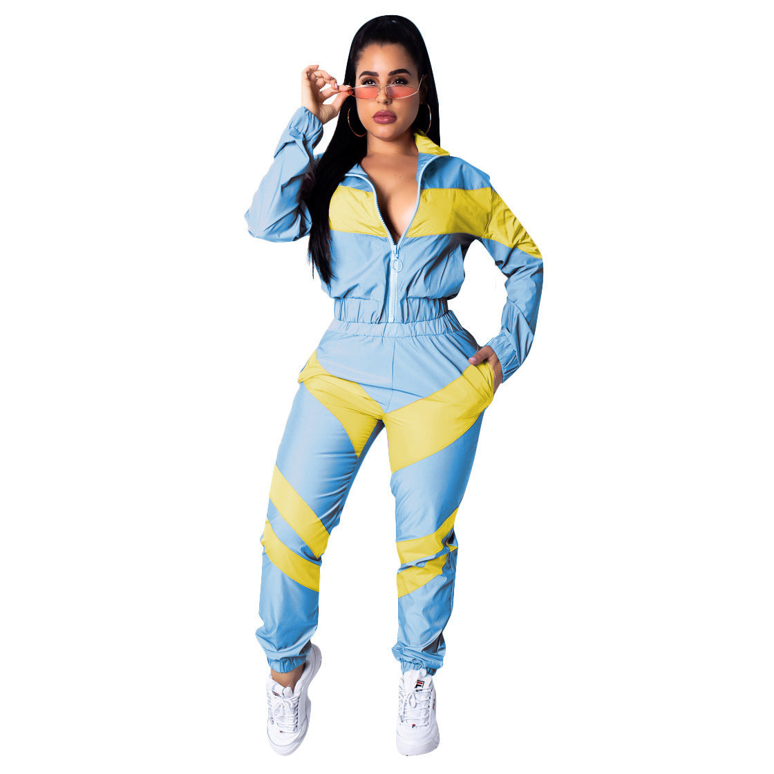 Damen Sportlicher Jumpsuit mit stylischen Farbblockelementen und hohem Kragen Stalluxe