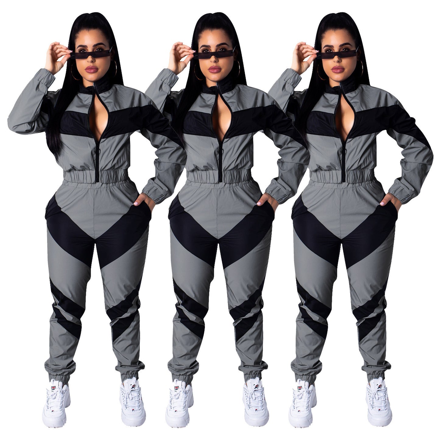 Damen Sportlicher Jumpsuit mit stylischen Farbblockelementen und hohem Kragen Stalluxe