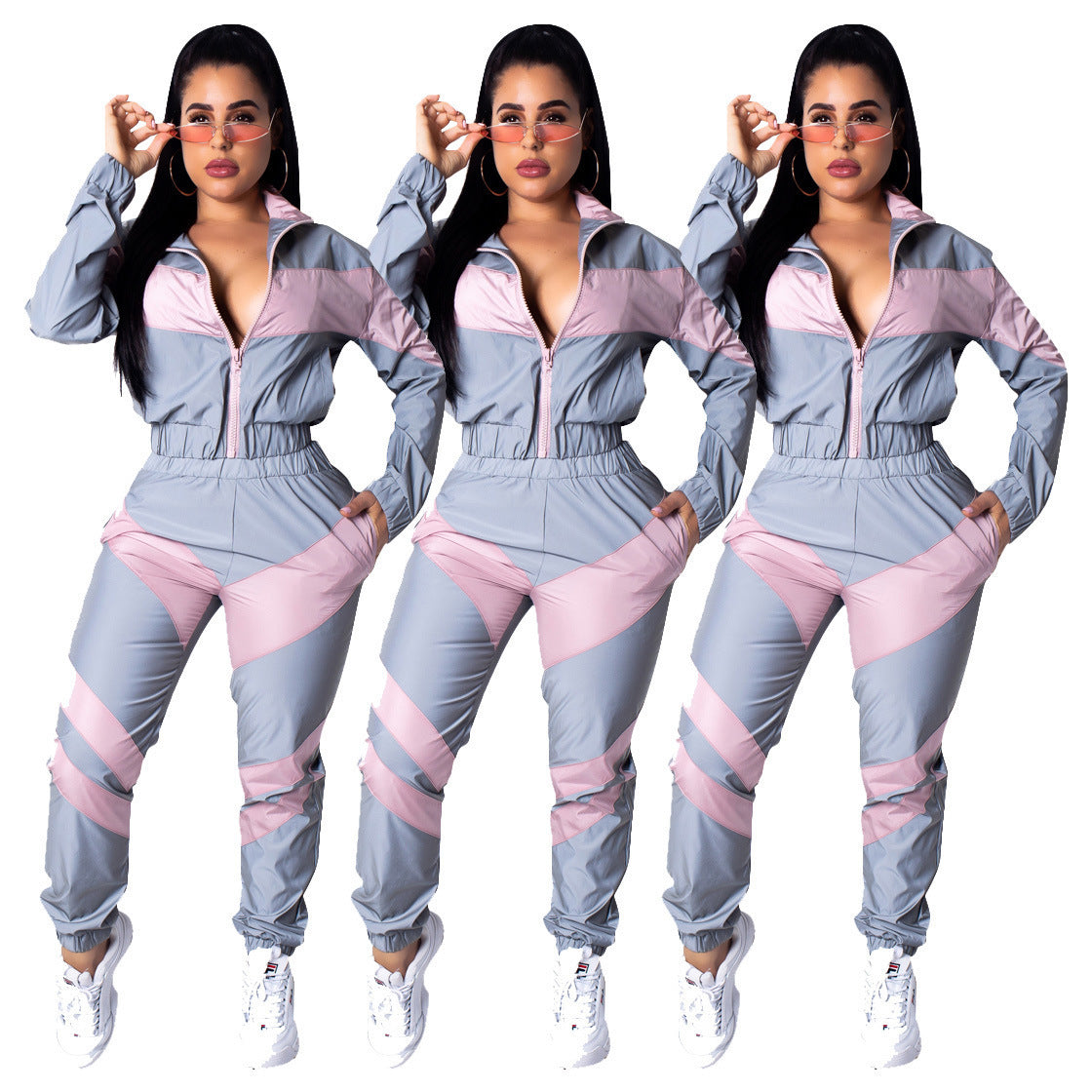 Damen Sportlicher Jumpsuit mit stylischen Farbblockelementen und hohem Kragen Stalluxe