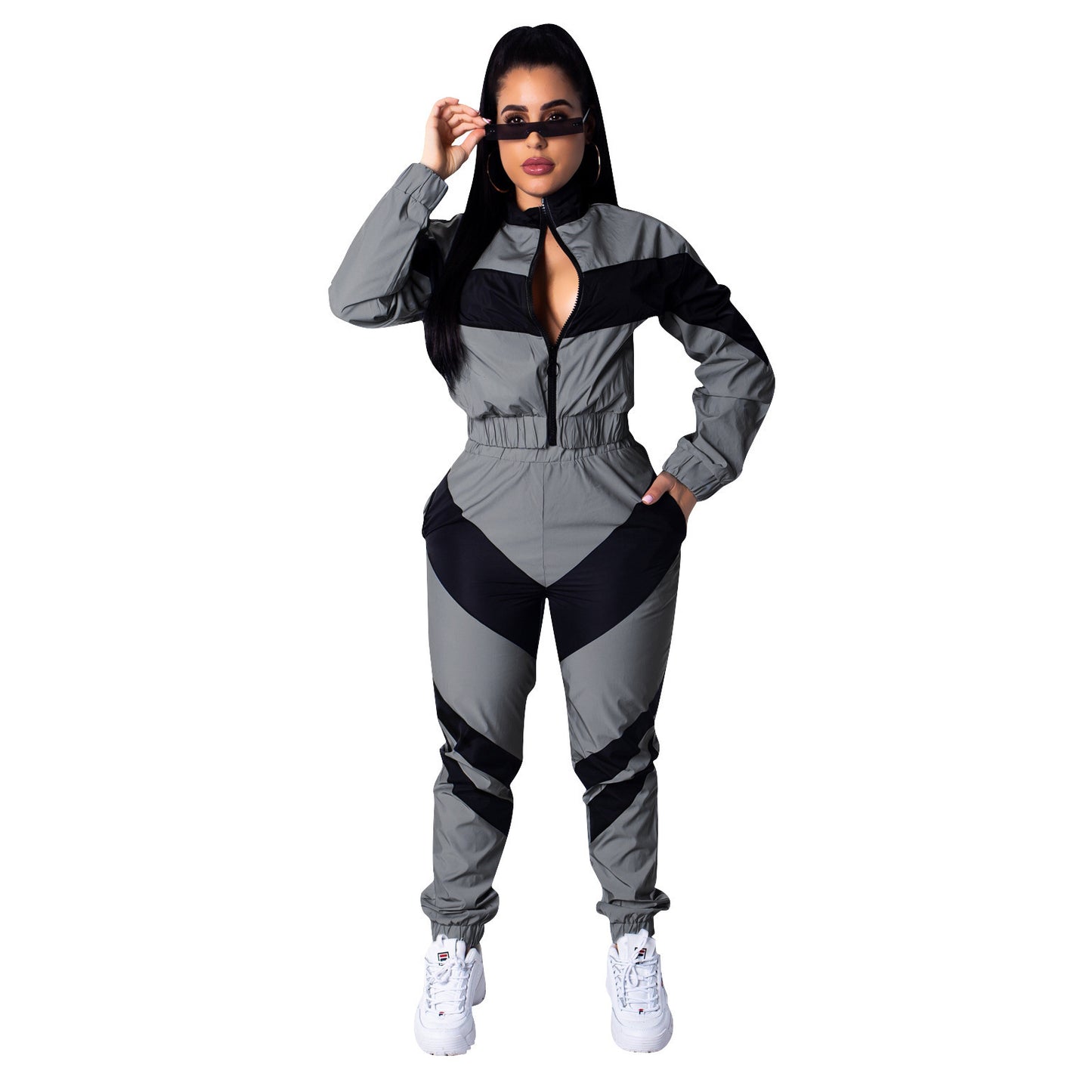 Damen Sportlicher Jumpsuit mit stylischen Farbblockelementen und hohem Kragen Stalluxe